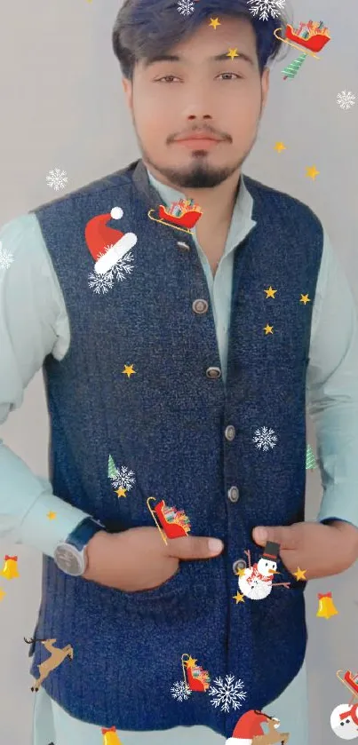 Mobile wallpaper with man in a stylish blue vest and light shirt.