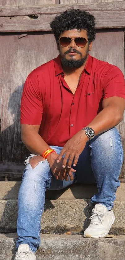 Man in red shirt and jeans sitting on rustic steps.