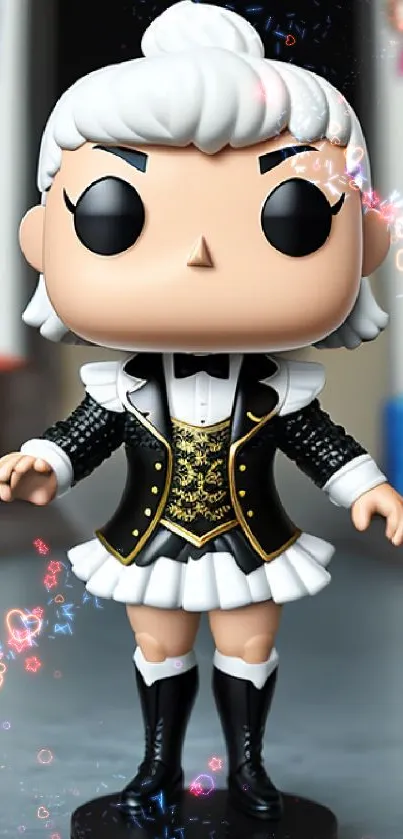 Vinyl figure in detailed black and white attire on display.