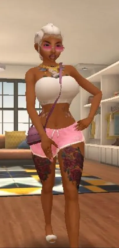 Virtual avatar with tattoos in a modern room background, wearing stylish fashion.