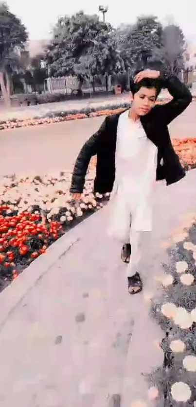 Person walking along a flower path, exuding stylish confidence.