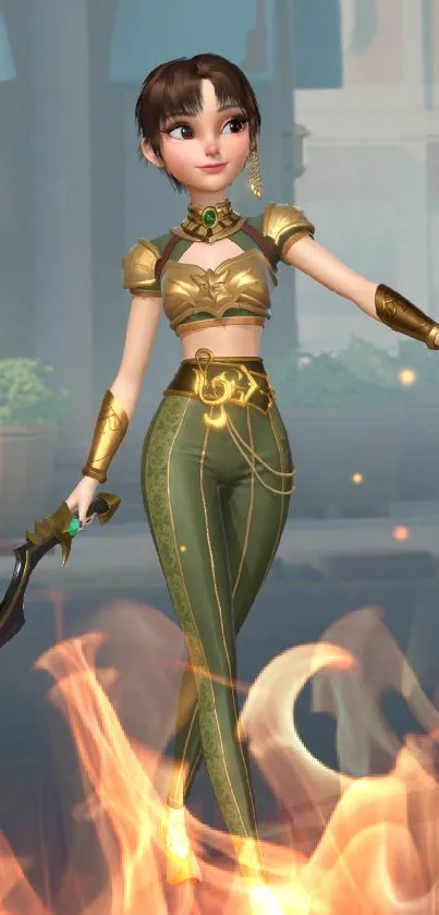 Animated warrior in green costume stands poised with a sword in hand.