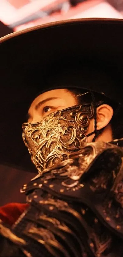 A masked warrior in dark, ornate armor on a mobile wallpaper.