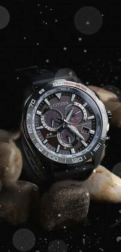 Elegant watch on dark stones with a stylish, modern design.