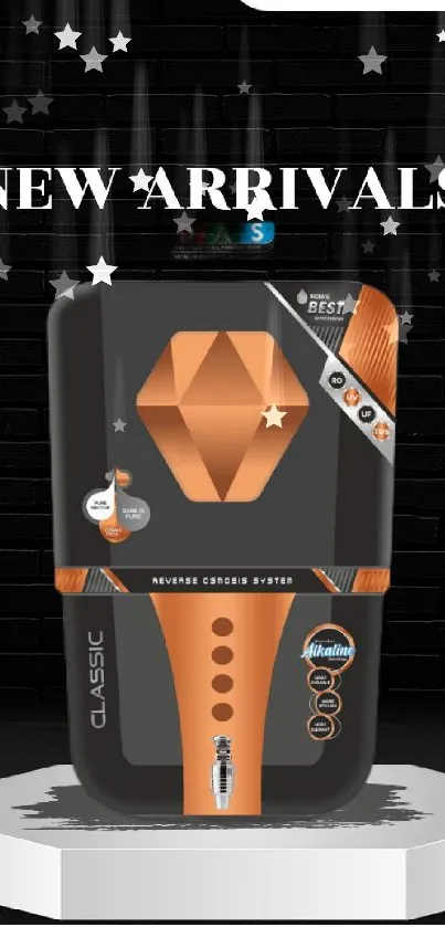 Black and orange modern water purifier advertisement.