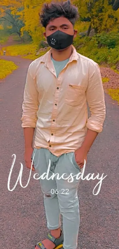 Fashionable young man in stylish outfit on a nature trail.