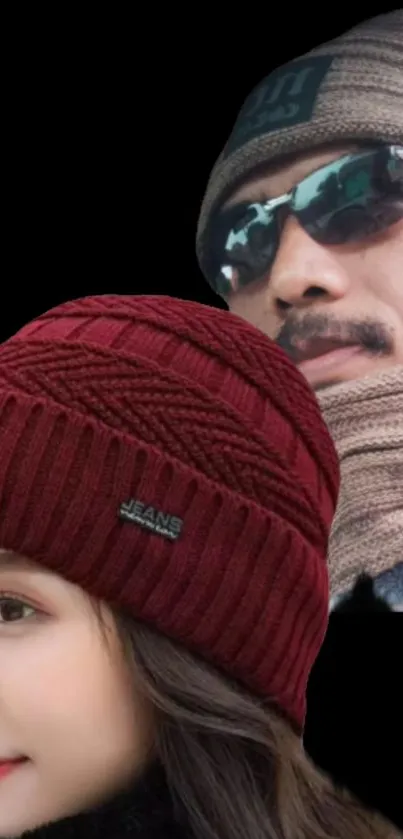 Winter style with burgundy and brown beanies on a fashionable duo.