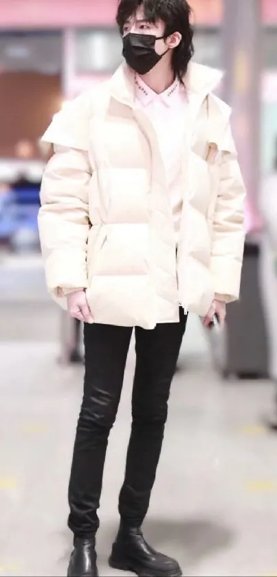 Person in stylish beige coat with black pants and boots.