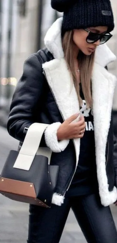 Stylish woman in winter attire with black jacket and beanie.