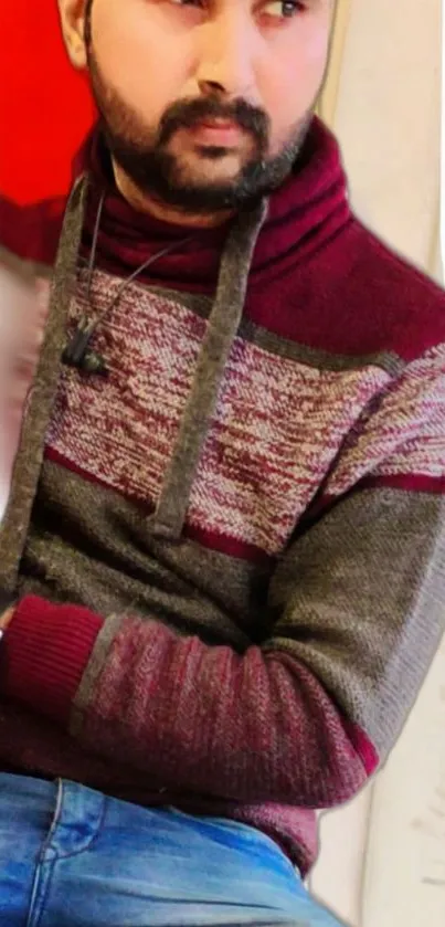 Person wearing a stylish patterned sweater and headphones.