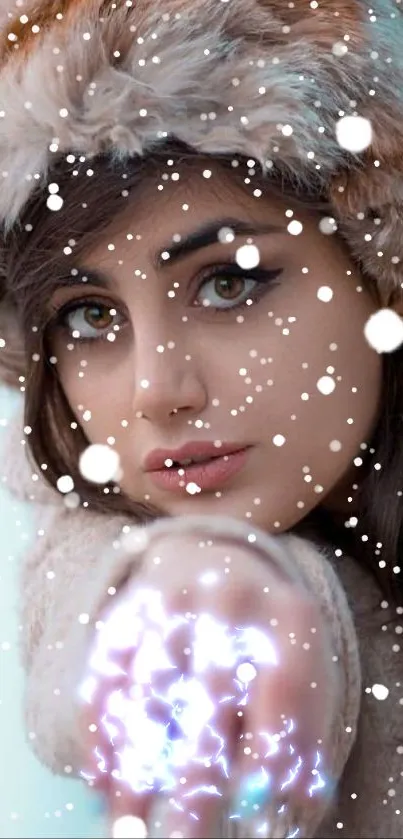 Woman in fur hat with striking eyes winter portrait.