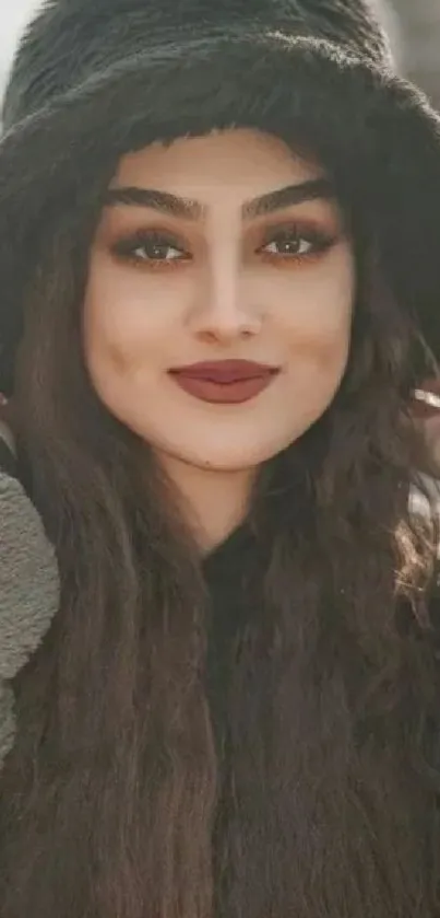 Winter portrait of a woman in cozy fashion with rich brown tones.