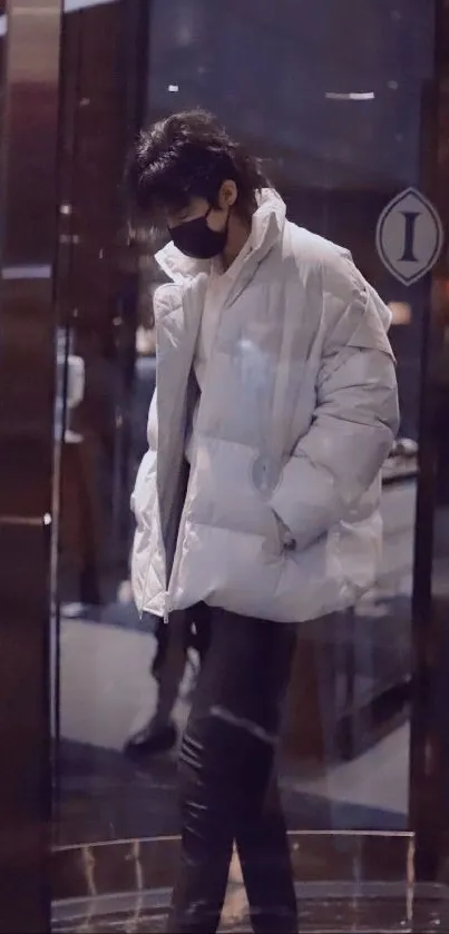 Person in white puffer jacket with urban background.