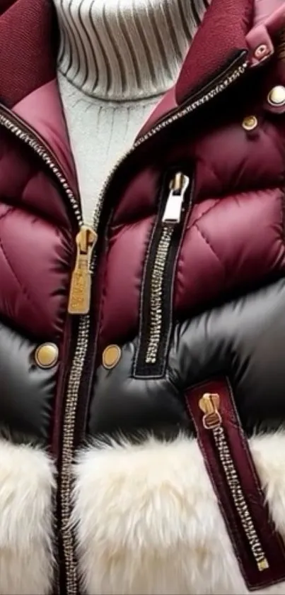 Close-up of stylish quilted winter vest with zipper detail and fur trim.