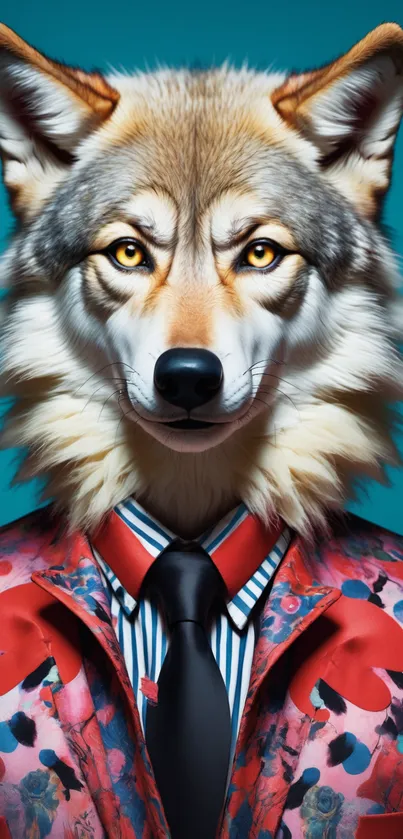 Wolf in a colorful floral suit with a turquoise background.