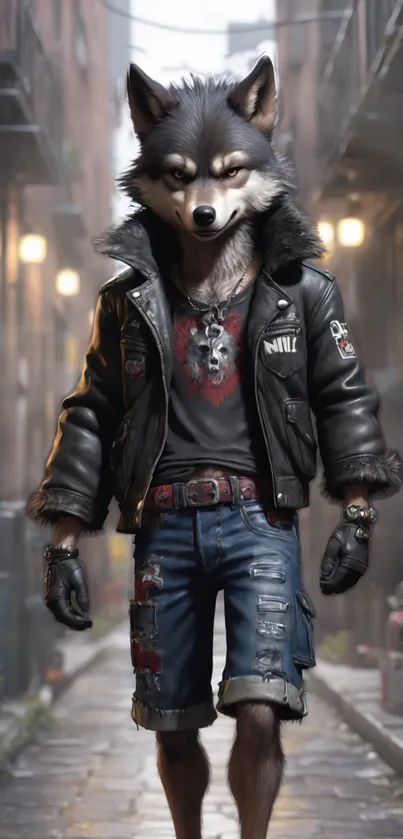 Stylish wolf character in urban setting, wearing a leather jacket.