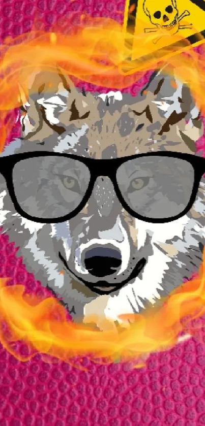 Wolf with glasses encircled by flames on a magenta background.