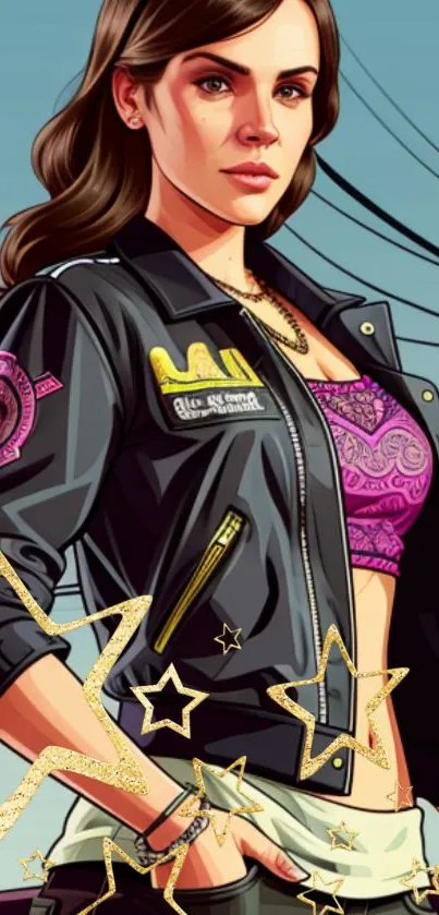 Artistic illustration of a stylish woman in a black jacket with stars.