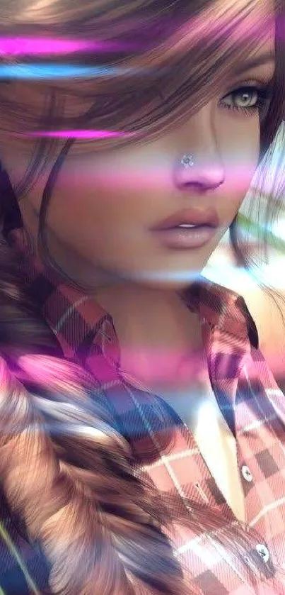 Stylish digital portrait of a woman with braid in a plaid shirt.