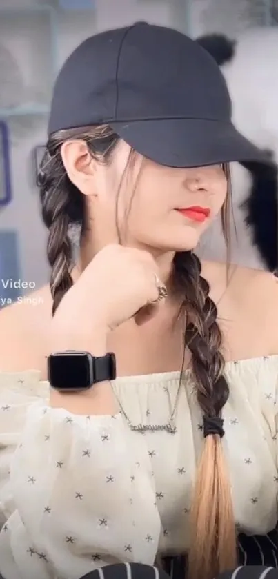 Woman in black cap with braided hair and smartwatch.