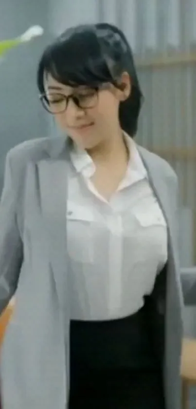 Woman wearing a grey blazer and glasses captured mid-pose.