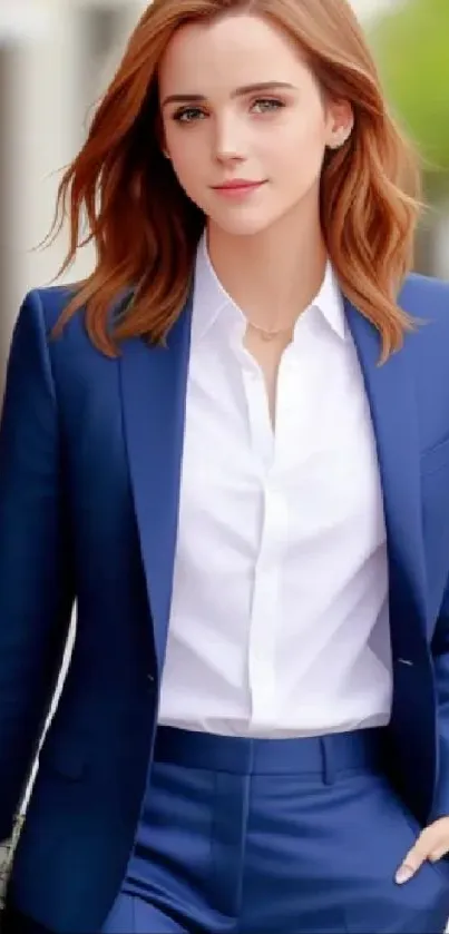 Elegant woman in blue suit mobile wallpaper.