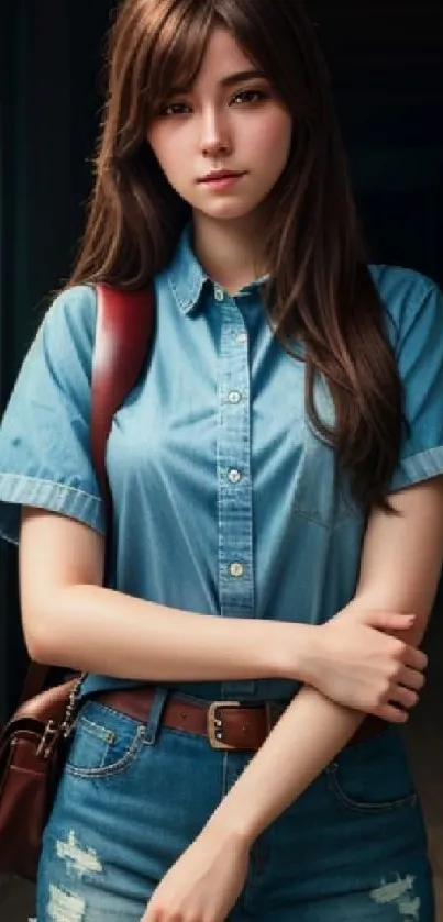 Woman in denim shirt with stylish pose in wallpaper.