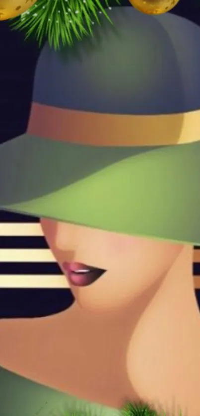 Stylish woman with a green hat art design for mobile wallpaper.