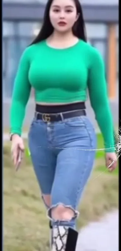 Fashionable woman in green top and jeans walking outdoors.