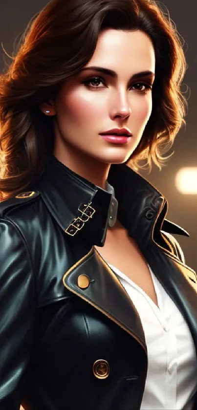 Elegant woman in black leather jacket with soft lighting.