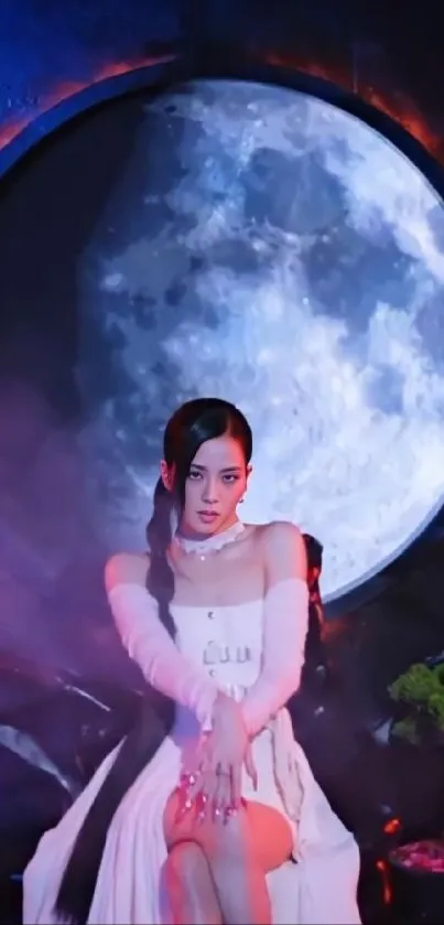 Stylish woman seated with moon backdrop.