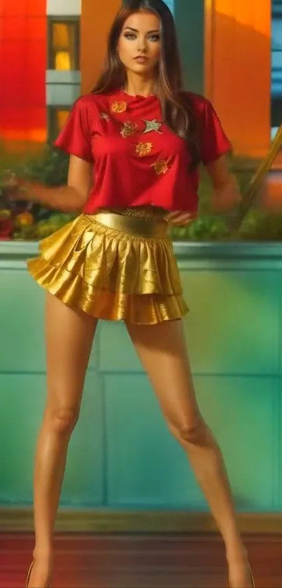 Woman in red top and gold skirt posing confidently.