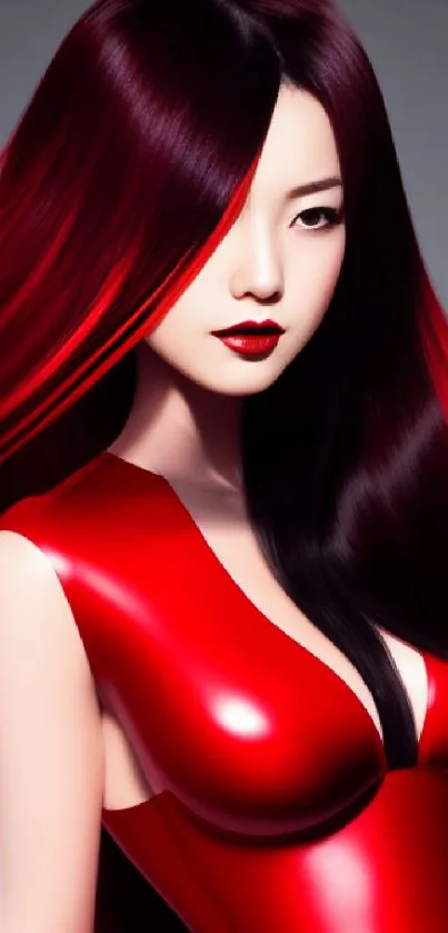 Elegant woman in vivid red dress with flowing hair.