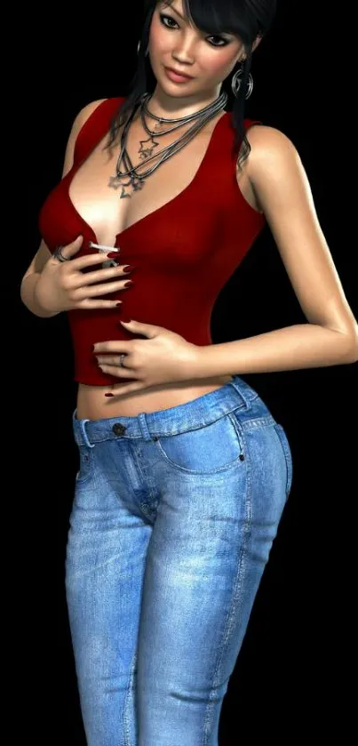 Stylish woman in red top and blue jeans on black background.