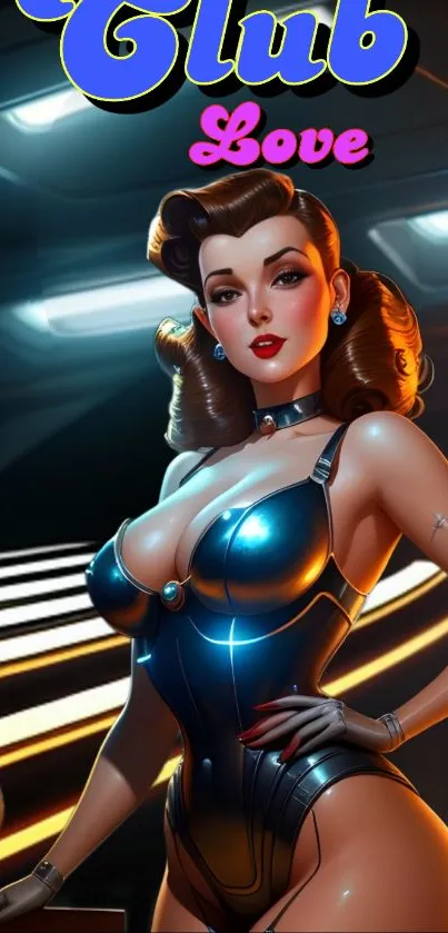 Retro futuristic woman art on smartphone wallpaper.