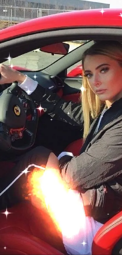 Woman sitting in a red sports car.