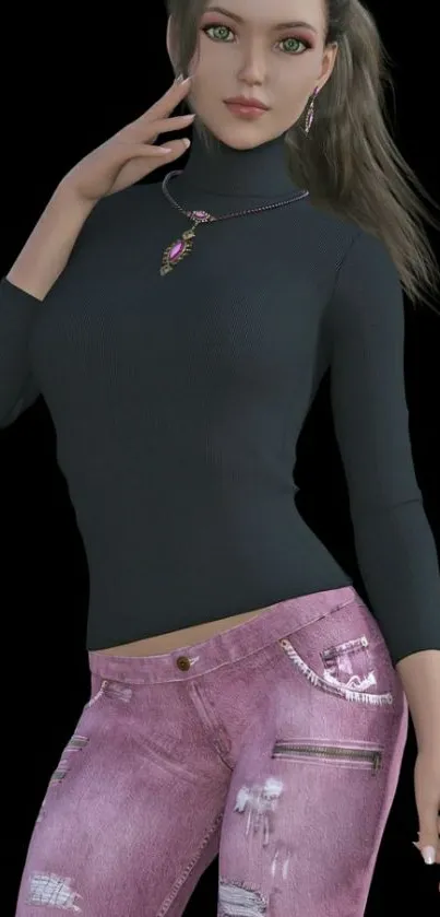 Stylish woman in black shirt with pink jeans on a black background.