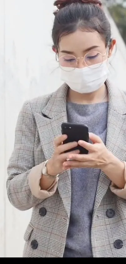 Woman in plaid blazer using smartphone.