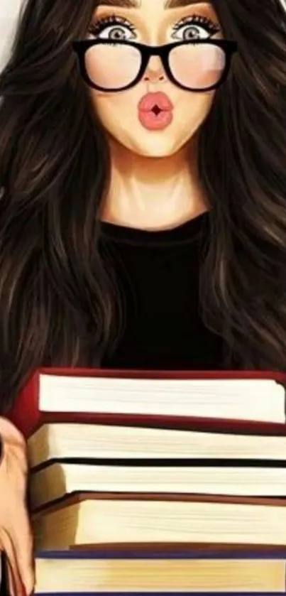 Woman with glasses holding books artwork mobile wallpaper.