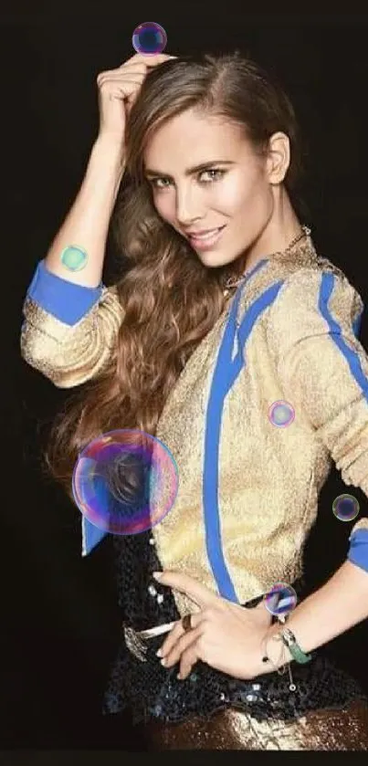 Woman in fashionable outfit with colorful bubbles on black background.