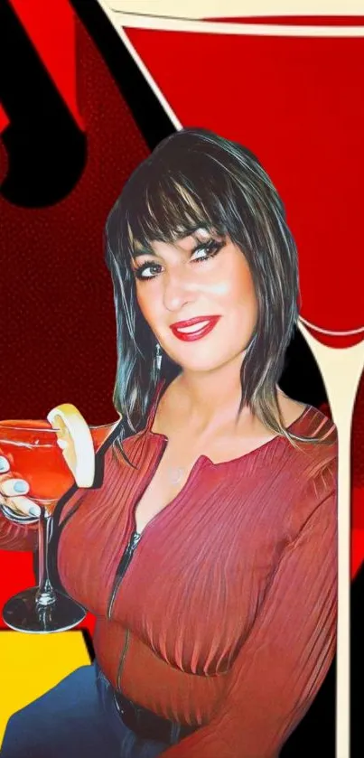 Woman with cocktail against red geometric background.