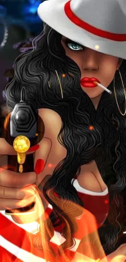 Stylish woman with red accents holding a gun in dynamic mobile wallpaper art.