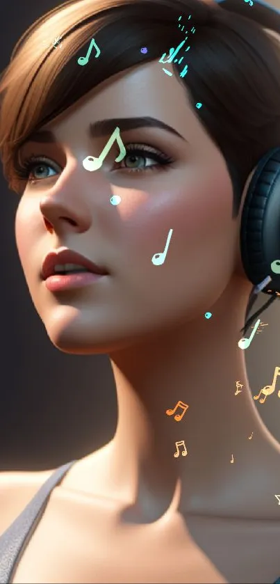 Stylish woman wearing headphones in a digital portrait wallpaper.