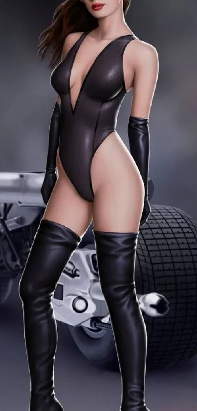 Leather-clad woman in front of a futuristic motorcycle on a stylish wallpaper.