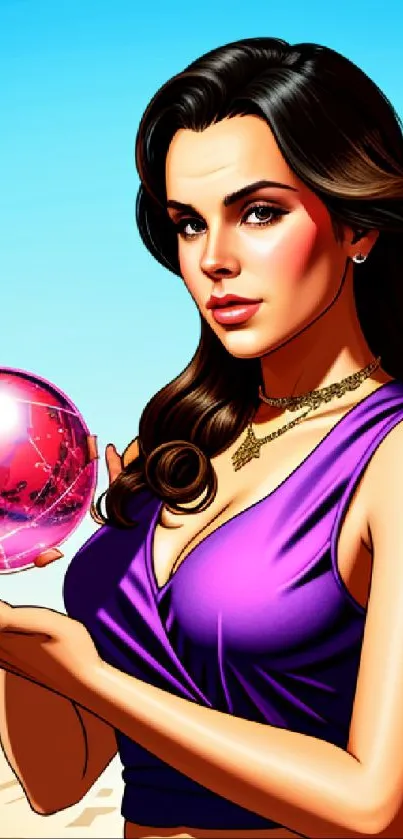 Stylish woman holding a vibrant orb against a blue sky.