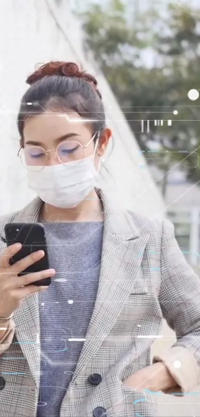 Woman in plaid blazer with phone in hand.