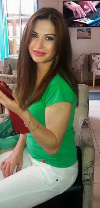 Woman in green top with smartphone in a café setting.