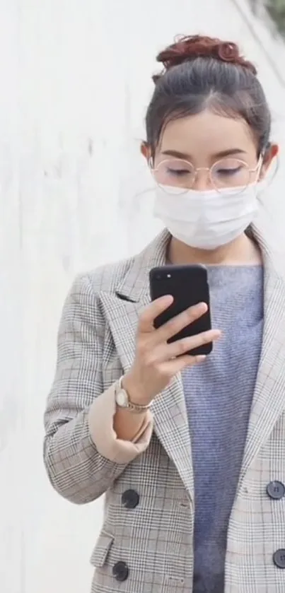 Woman in plaid jacket using smartphone, white background.