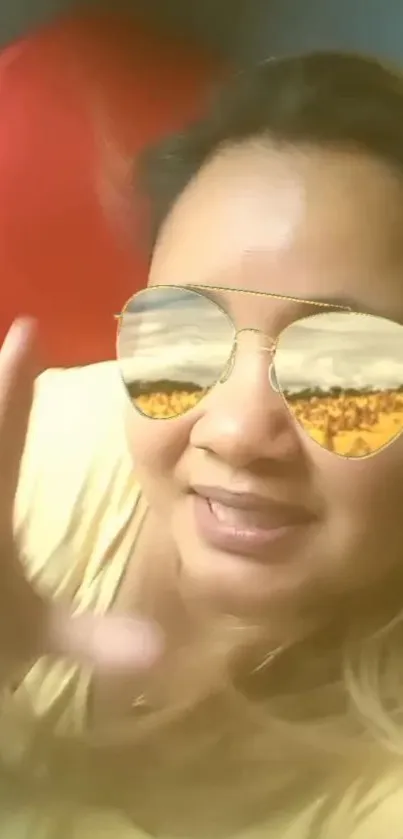 Woman wearing sunglasses reflecting sunflowers.