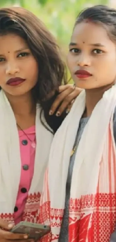 Two women in traditional attire pose outdoors.